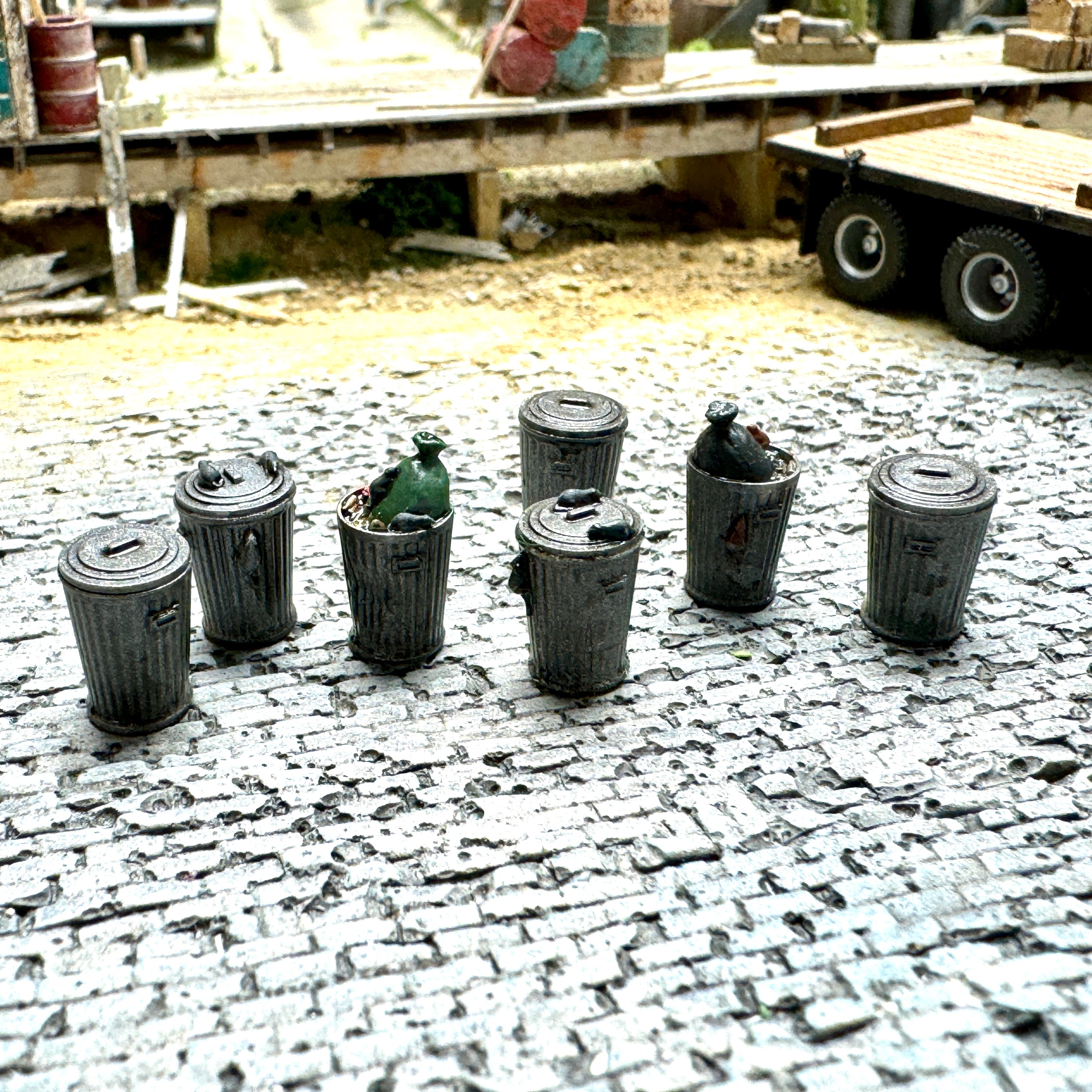 Trash Cans Set 2 w/ Rats- 7pcs - Resin Detail Part HO Scale
