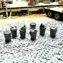 Load image into Gallery viewer, Trash Cans Set 2 w/ Rats- 7pcs  - Resin Detail Part HO Scale